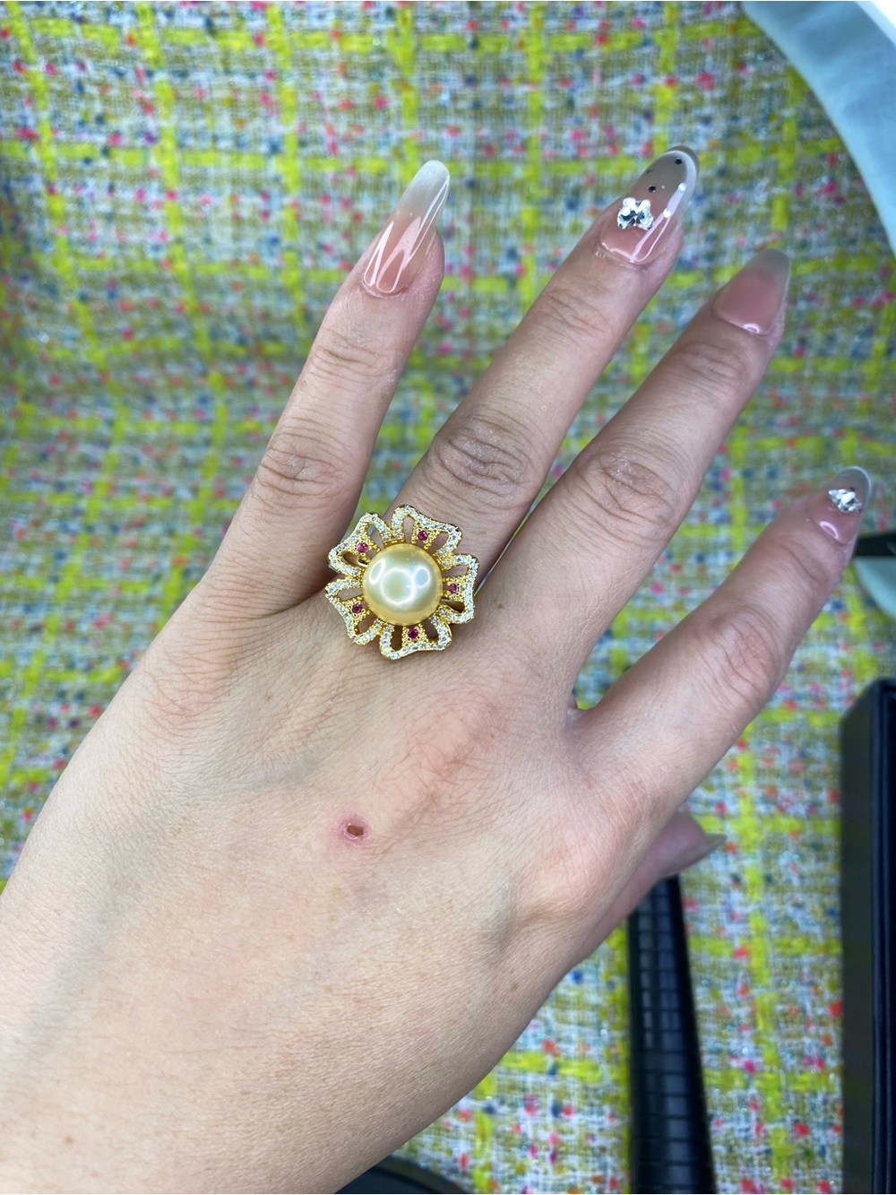 A great Gold fresh water,Pearl Flower Statement Ring open size 5 to 13